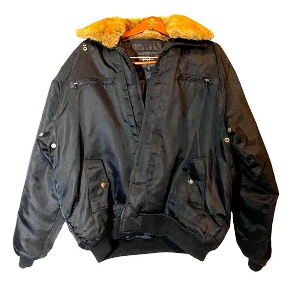 Sean John Mens Bomber Jacket Sz 2x Black Faux Fur Brown Collar Heavy Duty Vented - Picture 1 of 12